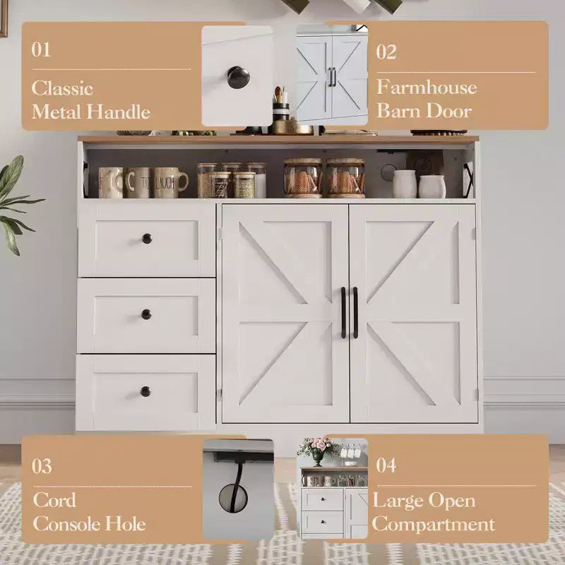 Meuble Buffet avec Prise de Courant, Desserte de Ferme Moderne avec Tiroirs et Portes Coulissantes, Étagère Réglable pour Cuisine Salon, Blanc