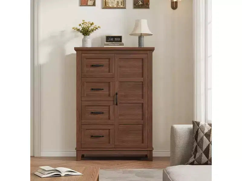 Commode de chambre à coucher, commode haute de 116 cm avec portes, commode verticale avec rangement, commode autonome, adaptée pour la chambre, Noyer