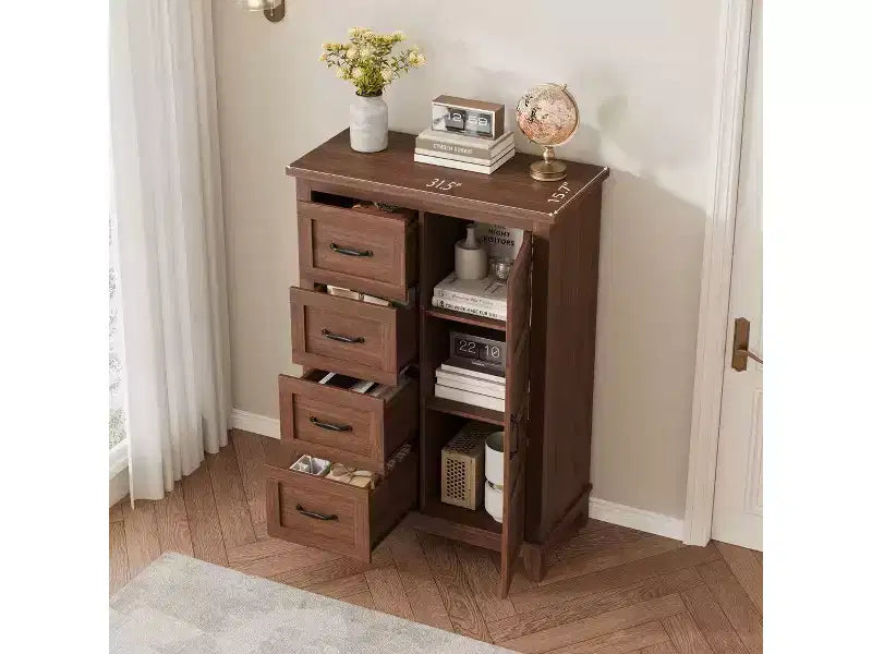 Commode de chambre à coucher, commode haute de 116 cm avec portes, commode verticale avec rangement, commode autonome, adaptée pour la chambre, Noyer
