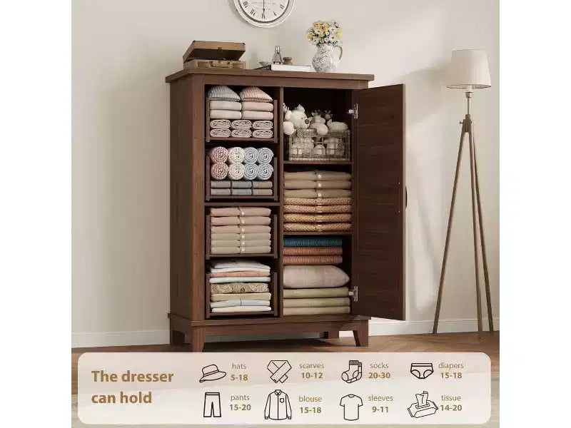 Commode de chambre à coucher, commode haute de 116 cm avec portes, commode verticale avec rangement, commode autonome, adaptée pour la chambre, Noyer