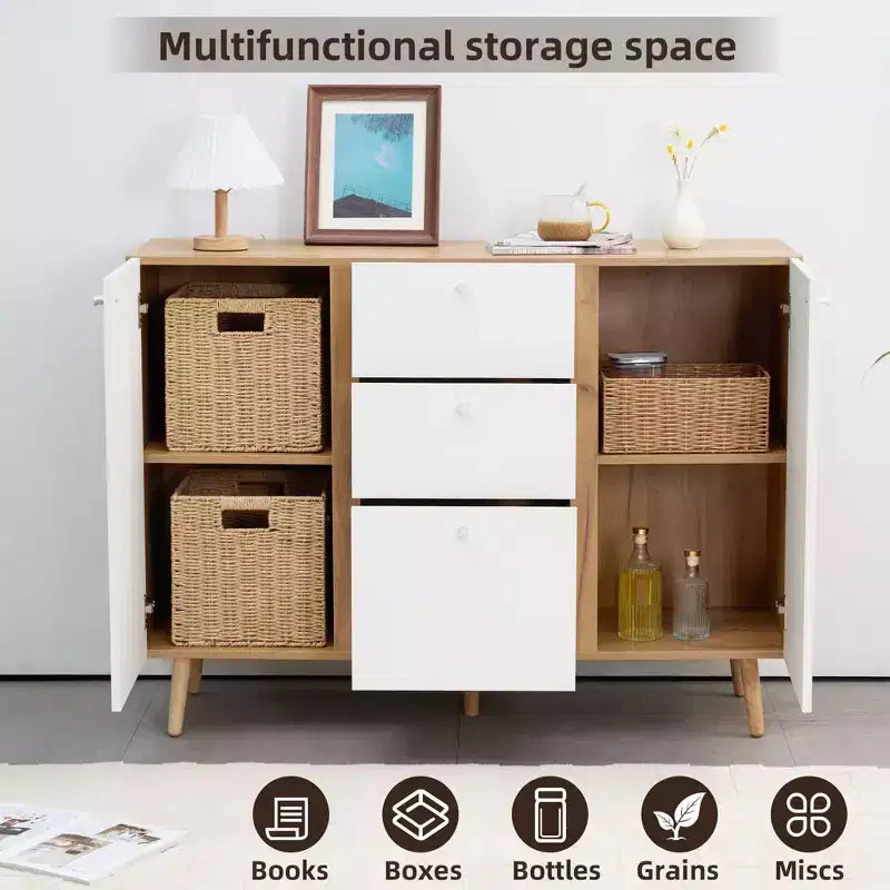 Meuble de rangement 3 tiroirs et 2 portes, pieds en bois, chêne blanc