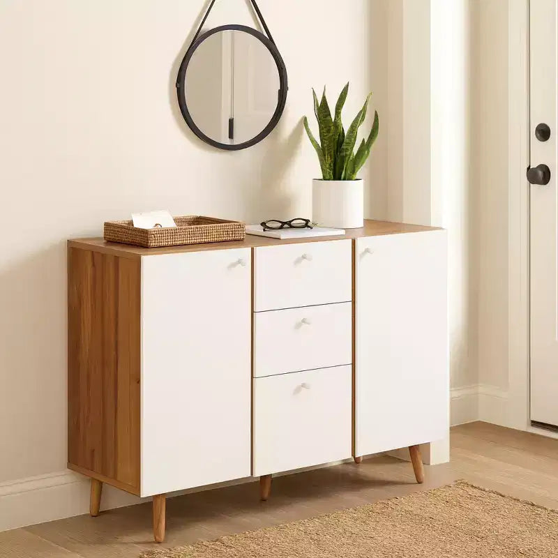 Meuble de rangement 3 tiroirs et 2 portes, pieds en bois, chêne blanc