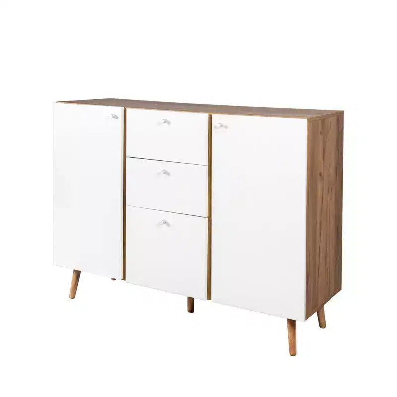 Meuble de rangement 3 tiroirs et 2 portes, pieds en bois, chêne blanc