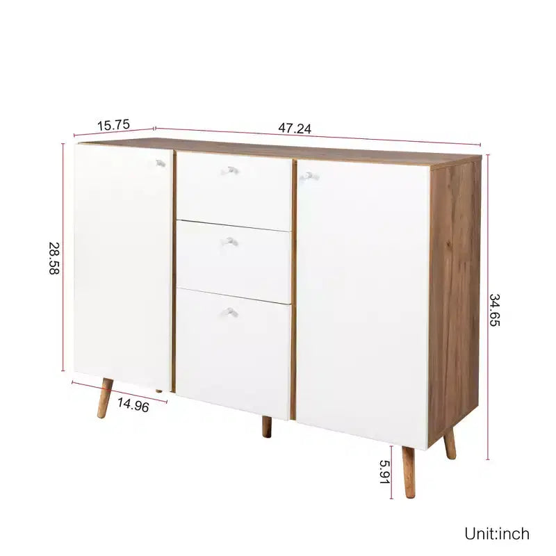Meuble de rangement 3 tiroirs et 2 portes, pieds en bois, chêne blanc