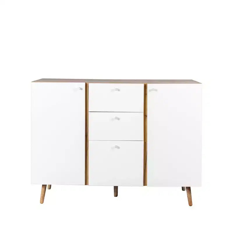Meuble de rangement 3 tiroirs et 2 portes, pieds en bois, chêne blanc