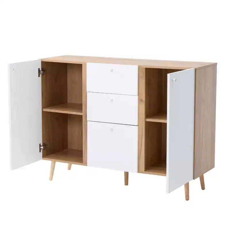 Meuble de rangement 3 tiroirs et 2 portes, pieds en bois, chêne blanc