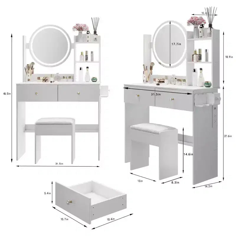 Coiffeuse moderne avec miroir rond LED, petite table de maquillage avec tabouret rembourré
