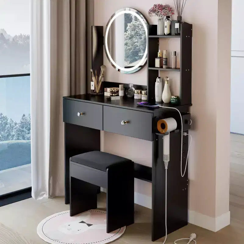 Coiffeuse moderne avec miroir rond LED, petite table de maquillage avec tabouret rembourré