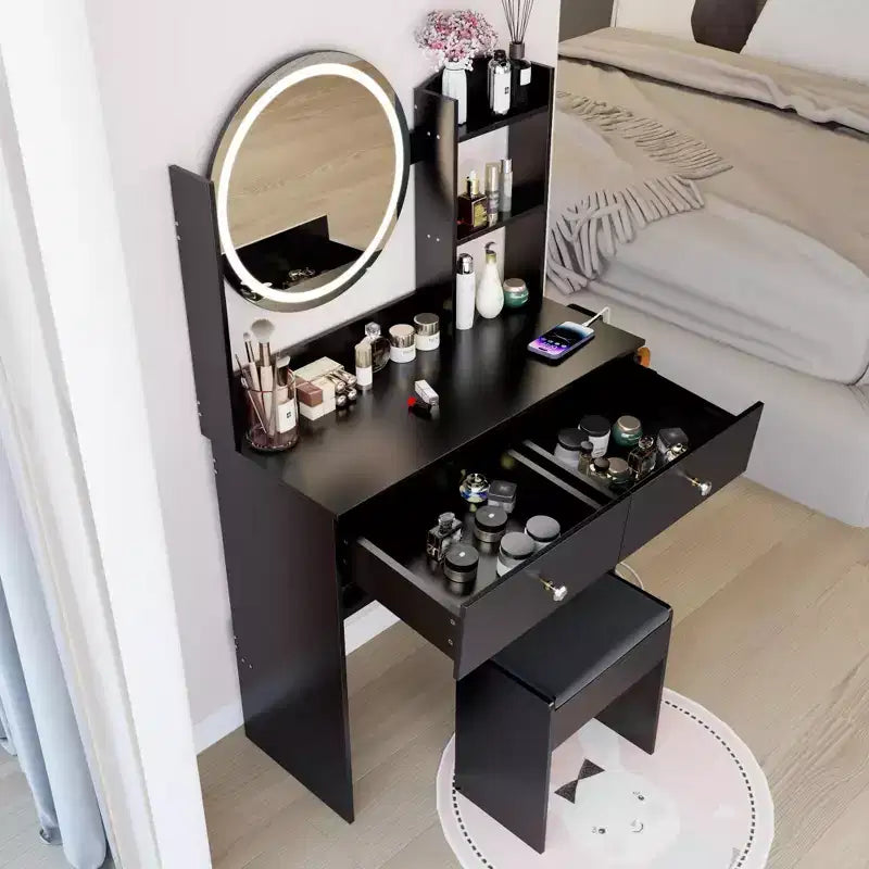 Coiffeuse moderne avec miroir rond LED, petite table de maquillage avec tabouret rembourré