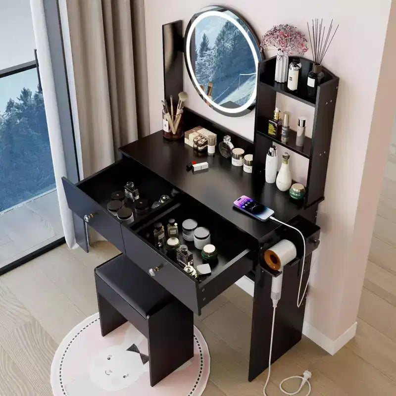 Coiffeuse moderne avec miroir rond LED, petite table de maquillage avec tabouret rembourré