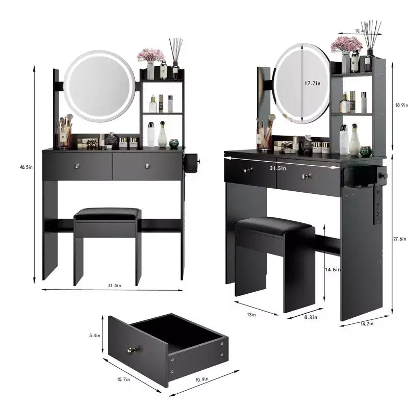 Coiffeuse moderne avec miroir rond LED, petite table de maquillage avec tabouret rembourré