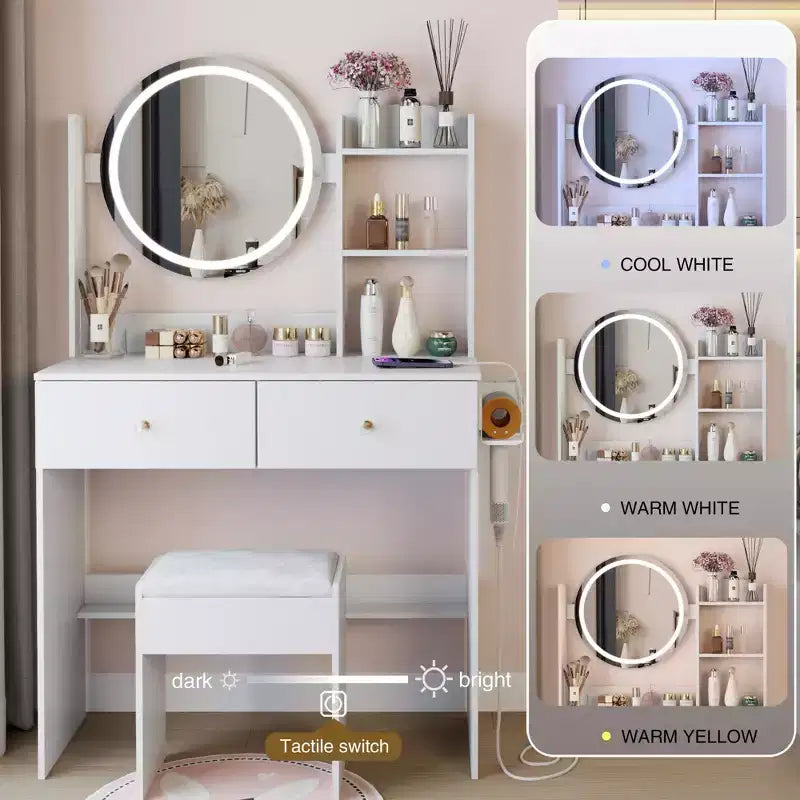 Coiffeuse moderne avec miroir rond LED, petite table de maquillage avec tabouret rembourré