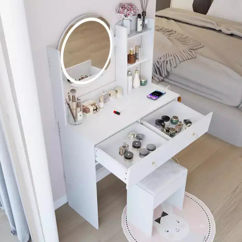 Coiffeuse moderne avec miroir rond LED, petite table de maquillage avec tabouret rembourré