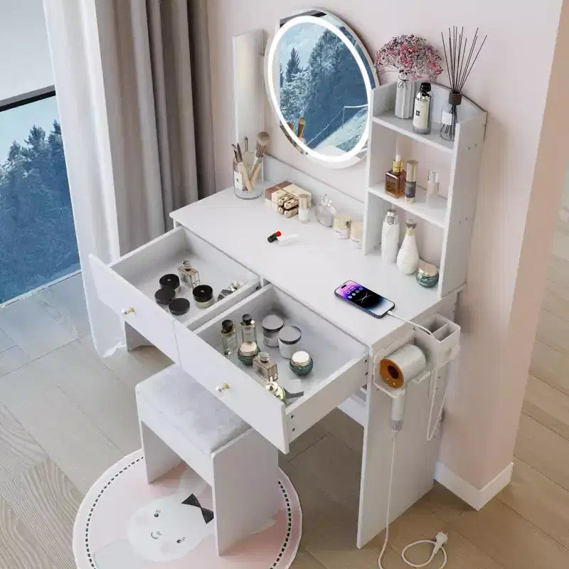 Coiffeuse moderne avec miroir rond LED, petite table de maquillage avec tabouret rembourré