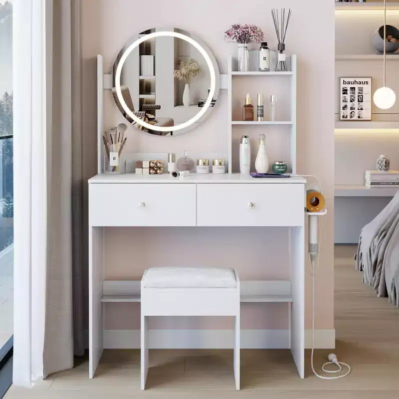 Coiffeuse moderne avec miroir rond LED, petite table de maquillage avec tabouret rembourré