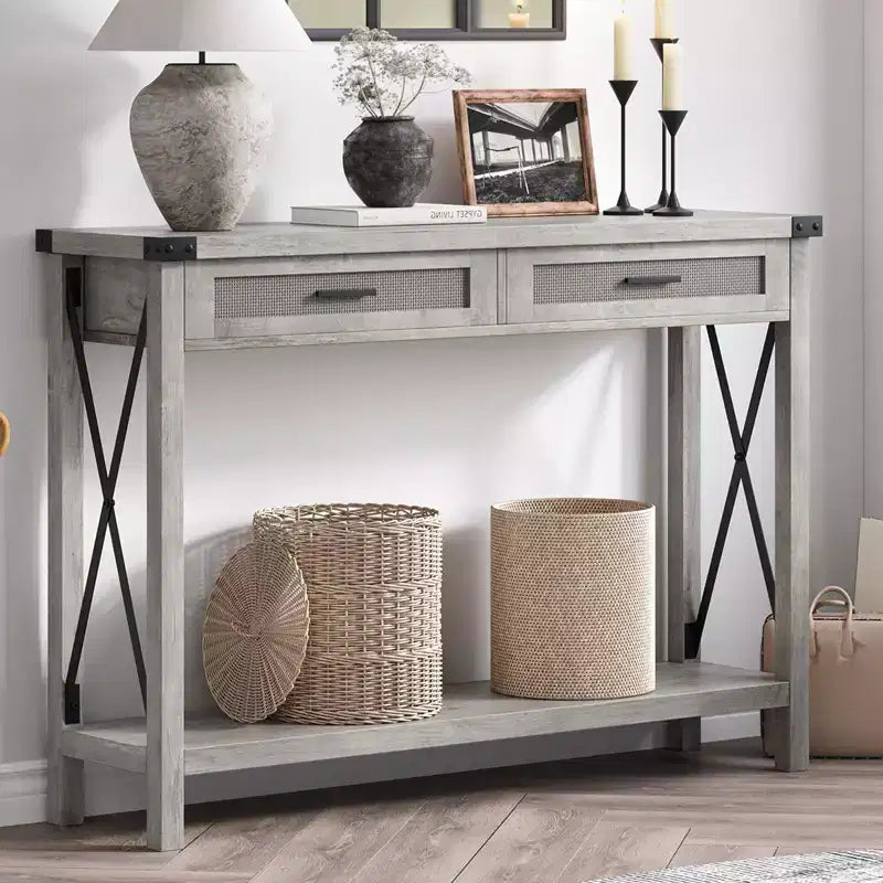 Console de ferme Table canapé en rotin avec tiroirs et cadre en métal pour salon/entrée/chambre à coucher