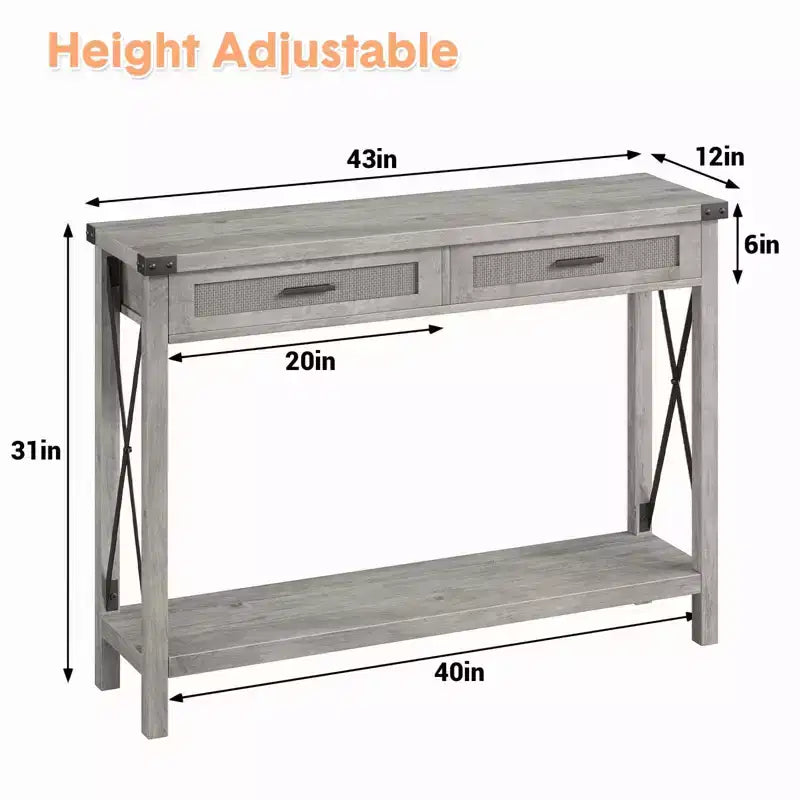 Console de ferme Table canapé en rotin avec tiroirs et cadre en métal pour salon/entrée/chambre à coucher