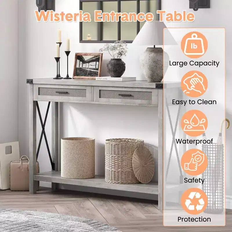 Console de ferme Table canapé en rotin avec tiroirs et cadre en métal pour salon/entrée/chambre à coucher