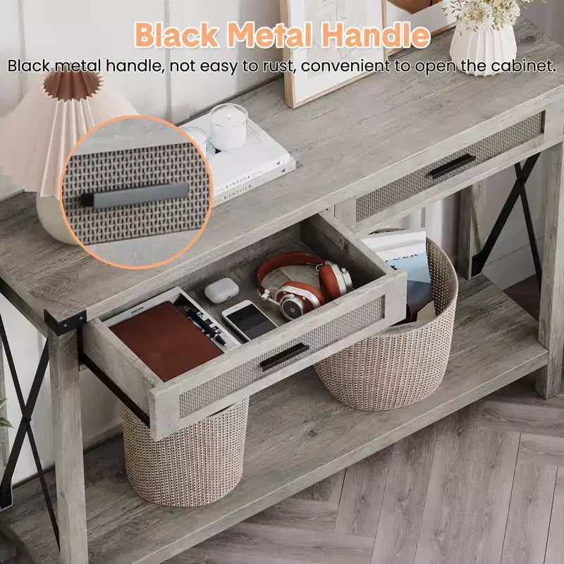 Console de ferme Table canapé en rotin avec tiroirs et cadre en métal pour salon/entrée/chambre à coucher
