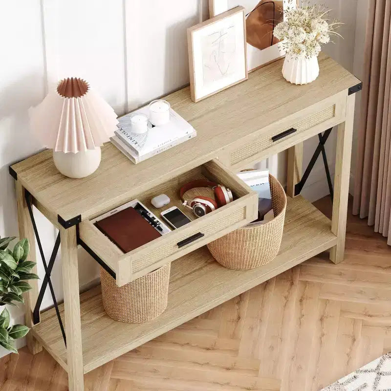 Console de ferme Table canapé en rotin avec tiroirs et cadre en métal pour salon/entrée/chambre à coucher