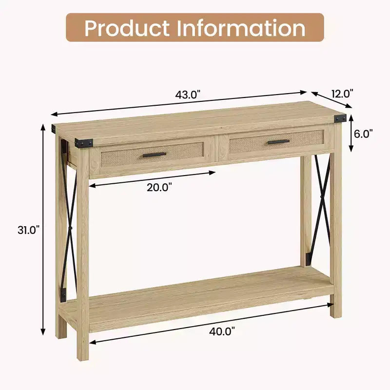 Console de ferme Table canapé en rotin avec tiroirs et cadre en métal pour salon/entrée/chambre à coucher
