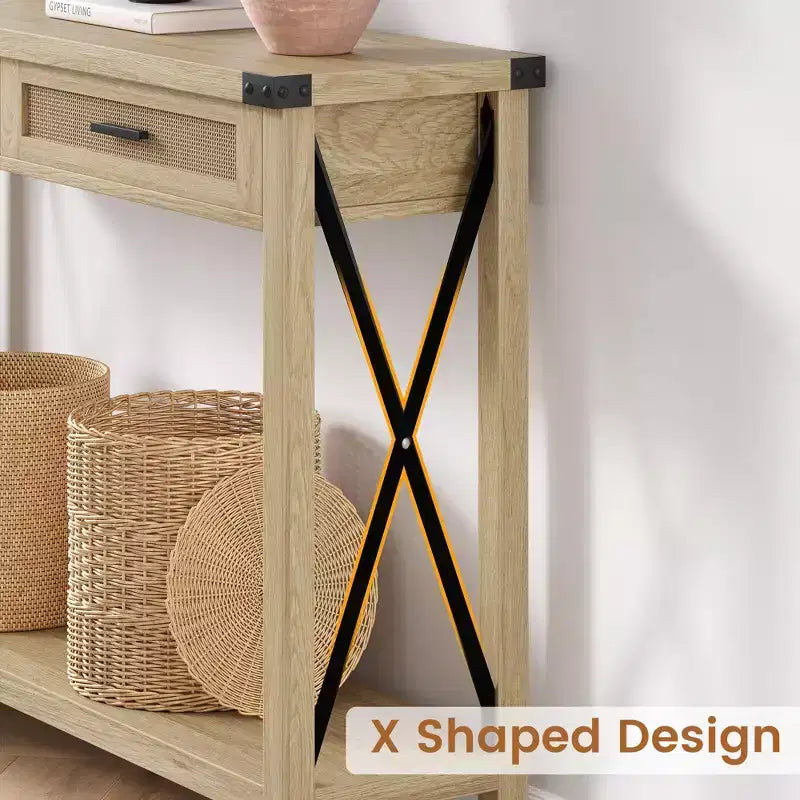 Console de ferme Table canapé en rotin avec tiroirs et cadre en métal pour salon/entrée/chambre à coucher