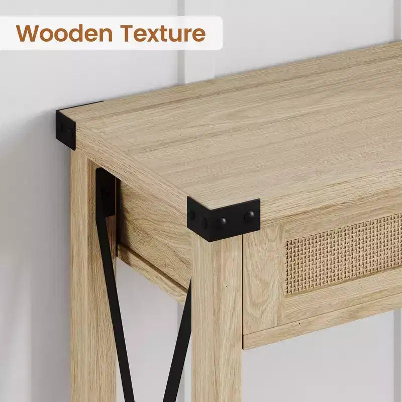 Console de ferme Table canapé en rotin avec tiroirs et cadre en métal pour salon/entrée/chambre à coucher