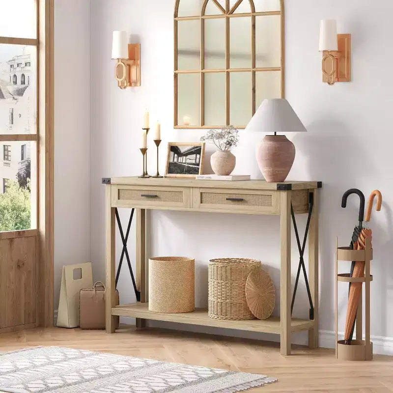 Console de ferme Table canapé en rotin avec tiroirs et cadre en métal pour salon/entrée/chambre à coucher