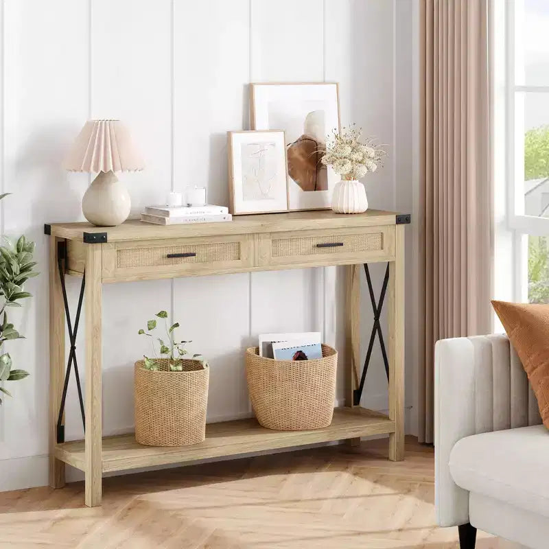 Console de ferme Table canapé en rotin avec tiroirs et cadre en métal pour salon/entrée/chambre à coucher
