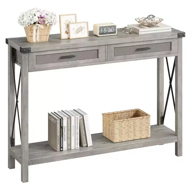 Console de ferme Table canapé en rotin avec tiroirs et cadre en métal pour salon/entrée/chambre à coucher