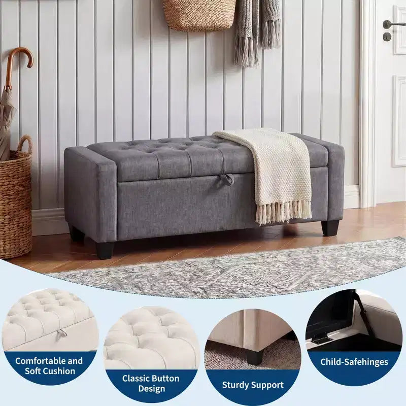 Banc de rangement ottoman de 129 cm, banc de rangement capitonné rembourré pour bout de lit, banc d'entrée avec couvercle rabattable et charnière de sécurité à fermeture lente pour le salon