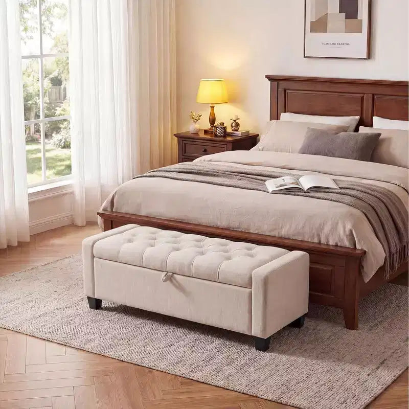 Banc de rangement ottoman de 129 cm, banc de rangement capitonné rembourré pour bout de lit, banc d'entrée avec couvercle rabattable et charnière de sécurité à fermeture lente pour le salon