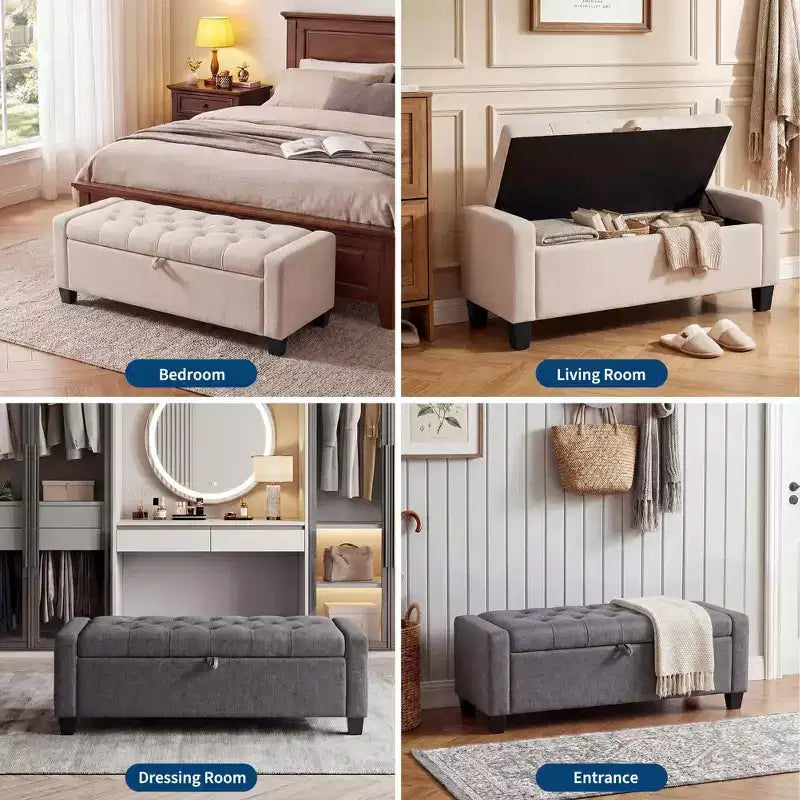 Banc de rangement ottoman de 129 cm, banc de rangement capitonné rembourré pour bout de lit, banc d'entrée avec couvercle rabattable et charnière de sécurité à fermeture lente pour le salon