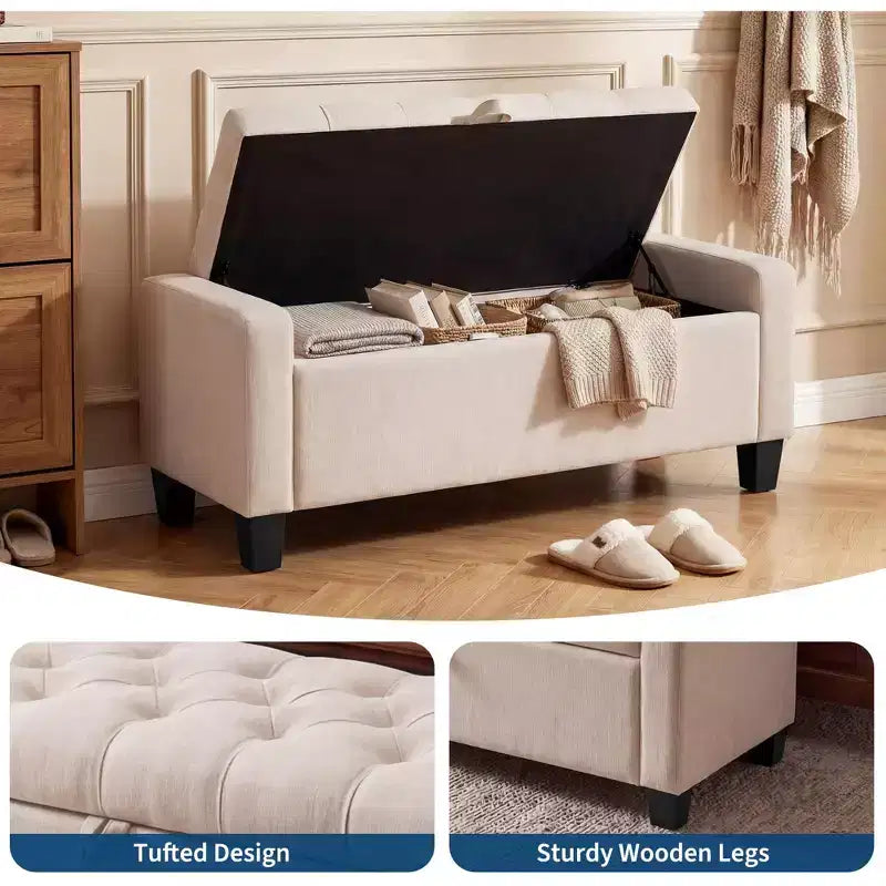 Banc de rangement ottoman de 129 cm, banc de rangement capitonné rembourré pour bout de lit, banc d'entrée avec couvercle rabattable et charnière de sécurité à fermeture lente pour le salon