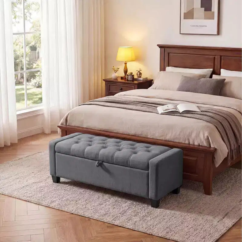 Banc de rangement ottoman de 129 cm, banc de rangement capitonné rembourré pour bout de lit, banc d'entrée avec couvercle rabattable et charnière de sécurité à fermeture lente pour le salon