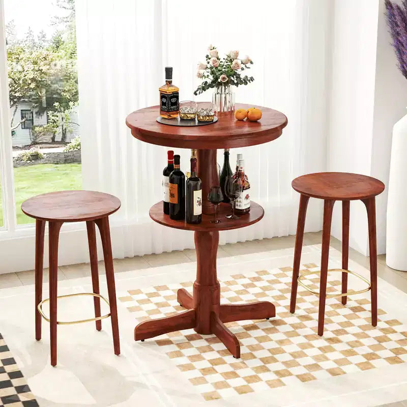 Table haute ronde à 2 niveaux avec étagère de rangement et pied central pour cuisine