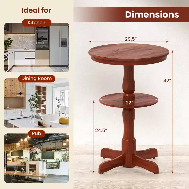 Table haute ronde à 2 niveaux avec étagère de rangement et pied central pour cuisine