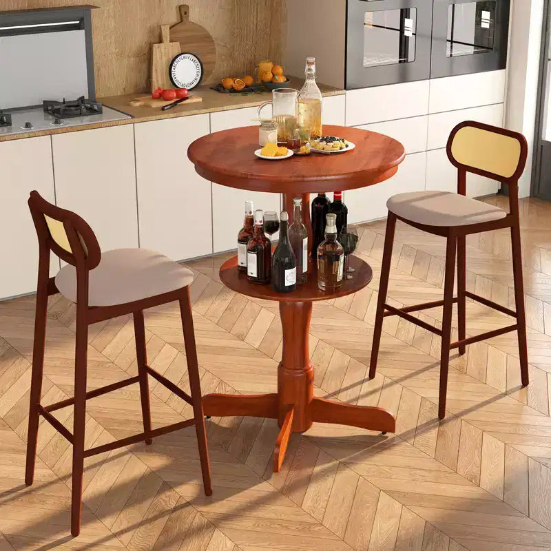 Table haute ronde à 2 niveaux avec étagère de rangement et pied central pour cuisine