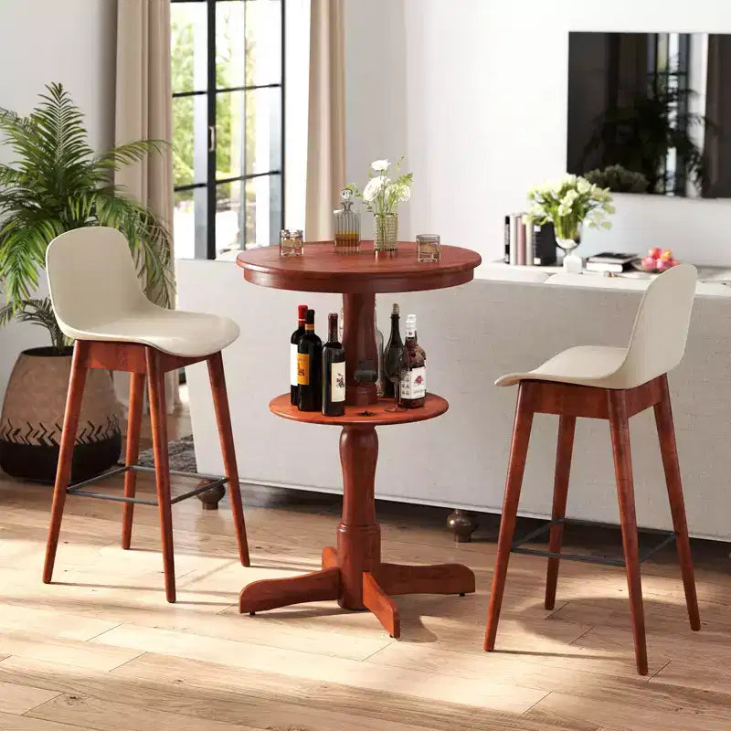 Table haute ronde à 2 niveaux avec étagère de rangement et pied central pour cuisine