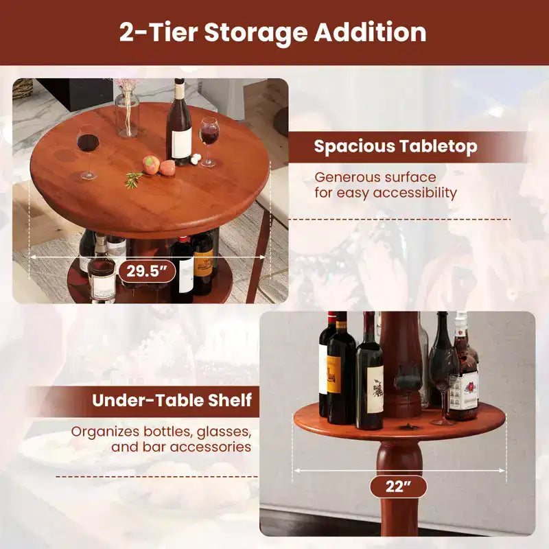 Table haute ronde à 2 niveaux avec étagère de rangement et pied central pour cuisine