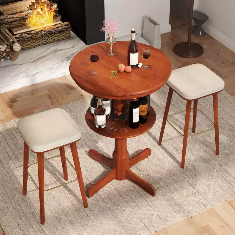 Table haute ronde à 2 niveaux avec étagère de rangement et pied central pour cuisine