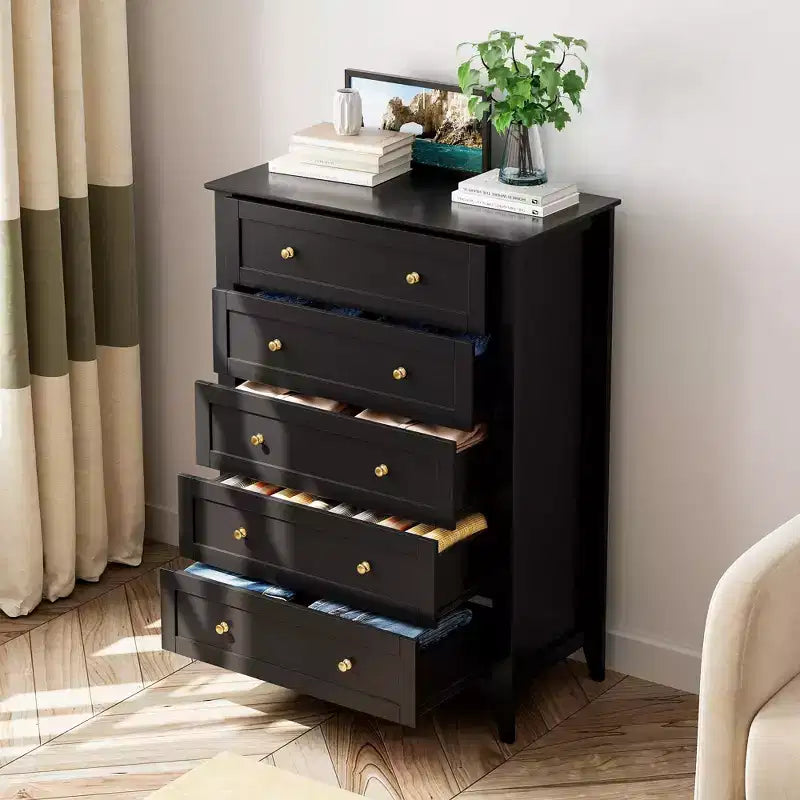 Commode haute à 5 tiroirs profonds avec poignées métalliques, commode en bois moderne pour chambre, entrée, couloir