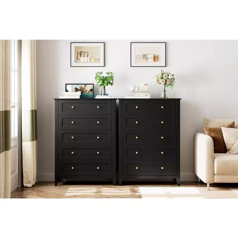 Commode haute à 5 tiroirs profonds avec poignées métalliques, commode en bois moderne pour chambre, entrée, couloir