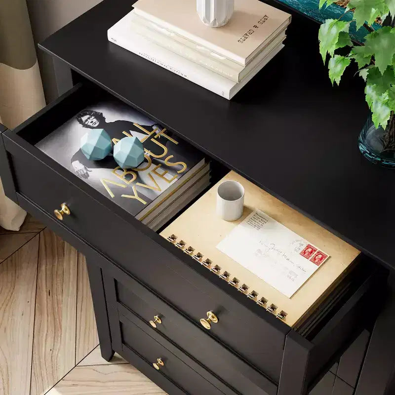 Commode haute à 5 tiroirs profonds avec poignées métalliques, commode en bois moderne pour chambre, entrée, couloir
