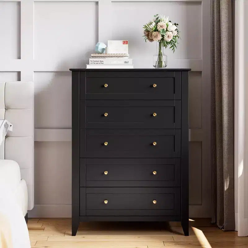 Commode haute à 5 tiroirs profonds avec poignées métalliques, commode en bois moderne pour chambre, entrée, couloir