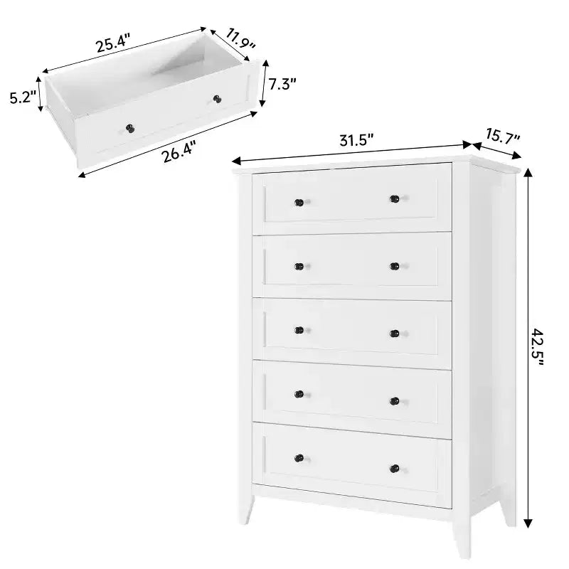 Commode haute à 5 tiroirs profonds avec poignées métalliques, commode en bois moderne pour chambre, entrée, couloir