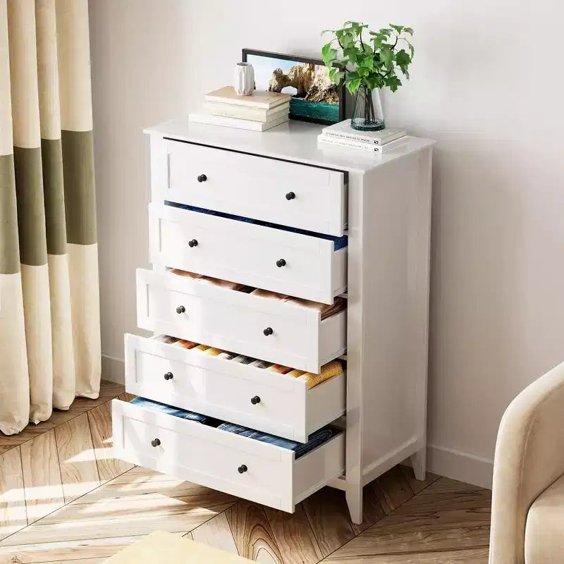 Commode haute à 5 tiroirs profonds avec poignées métalliques, commode en bois moderne pour chambre, entrée, couloir