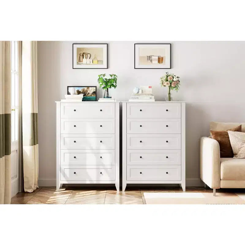 Commode haute à 5 tiroirs profonds avec poignées métalliques, commode en bois moderne pour chambre, entrée, couloir
