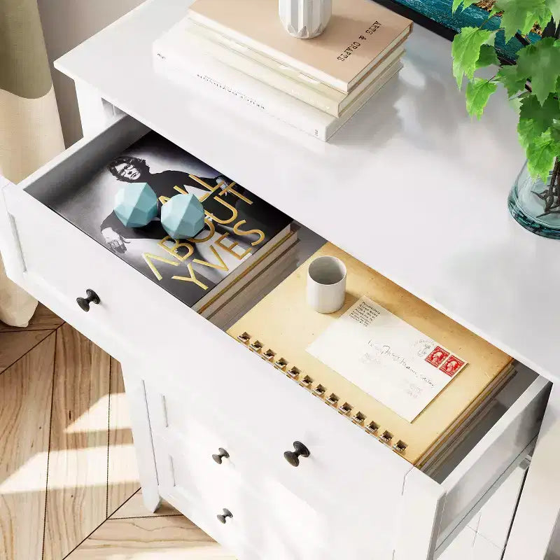 Commode haute à 5 tiroirs profonds avec poignées métalliques, commode en bois moderne pour chambre, entrée, couloir