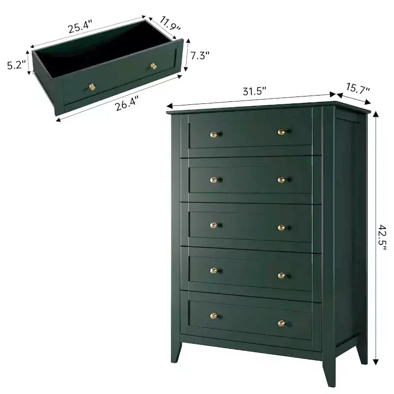 Commode haute à 5 tiroirs profonds avec poignées métalliques, commode en bois moderne pour chambre, entrée, couloir